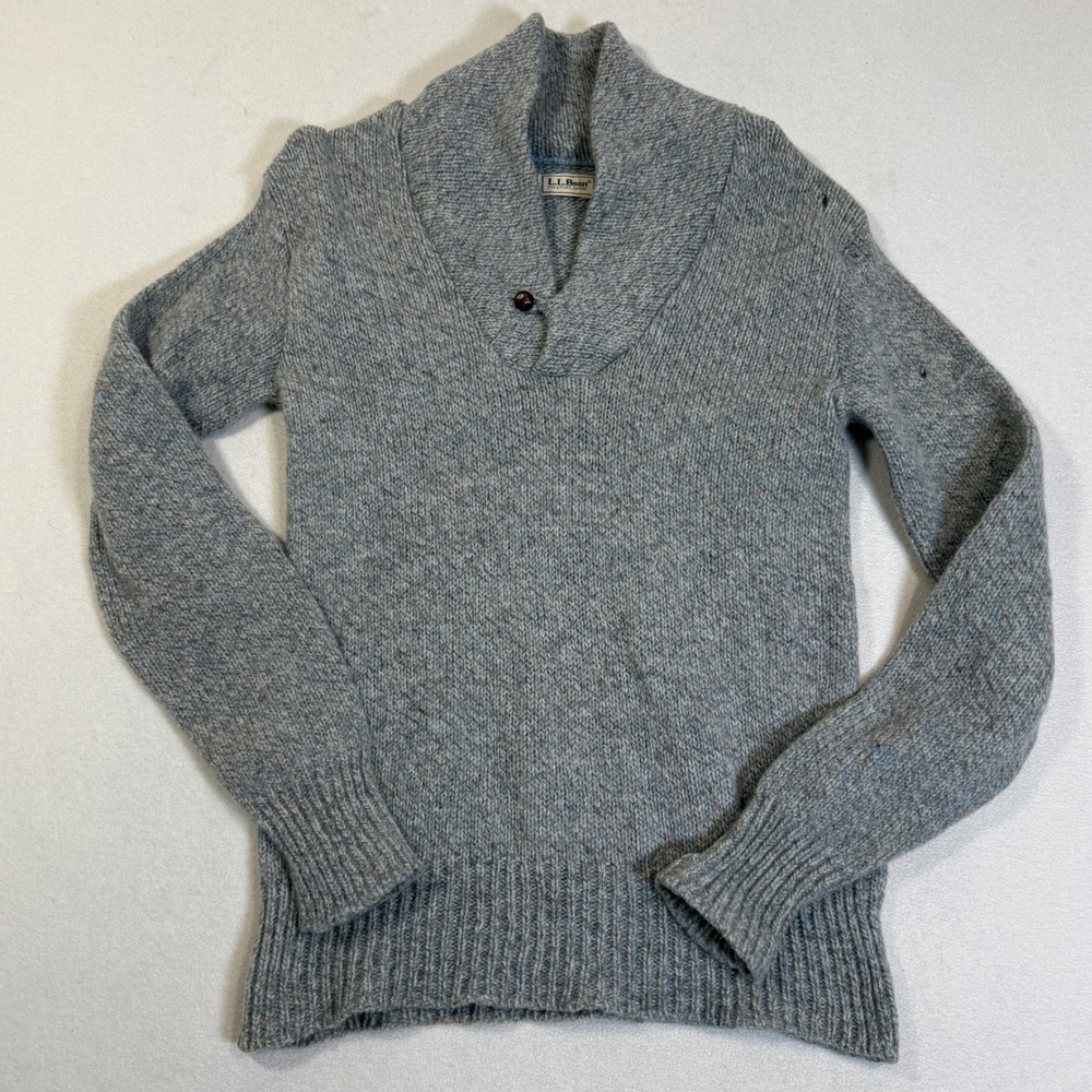 Vtg LL Bean Mens M‎ Medium Shawl Neck Button Sweater Blue Gray Wool Blend Knit